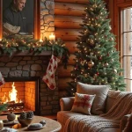 Cozy log cabin living room with Christmas tree, fireplace, and festive decorations.