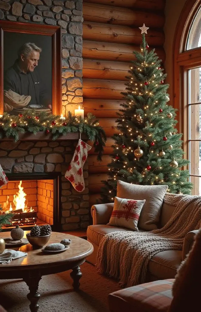 Cozy log cabin living room with Christmas tree, fireplace, and festive decorations.