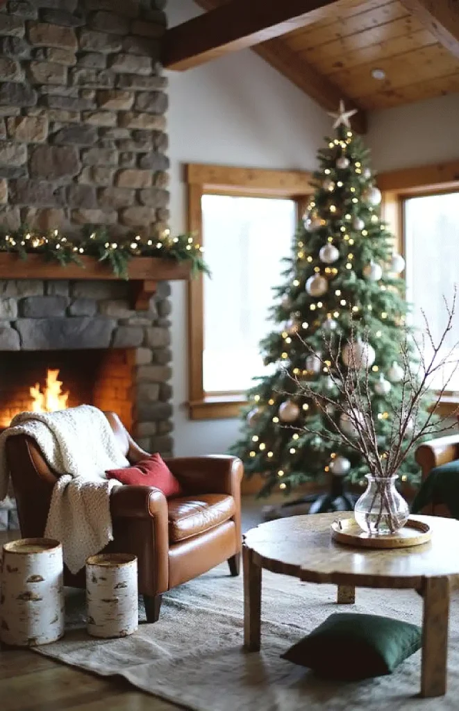 Cozy living room with Christmas tree, stone fireplace, leather chair, and festive decor. Warm, holiday ambiance.
