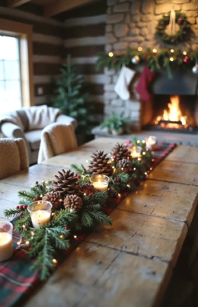 Cozy cabin interior with holiday decor, pinecones, candles, and a warm fireplace, perfect for a festive atmosphere.