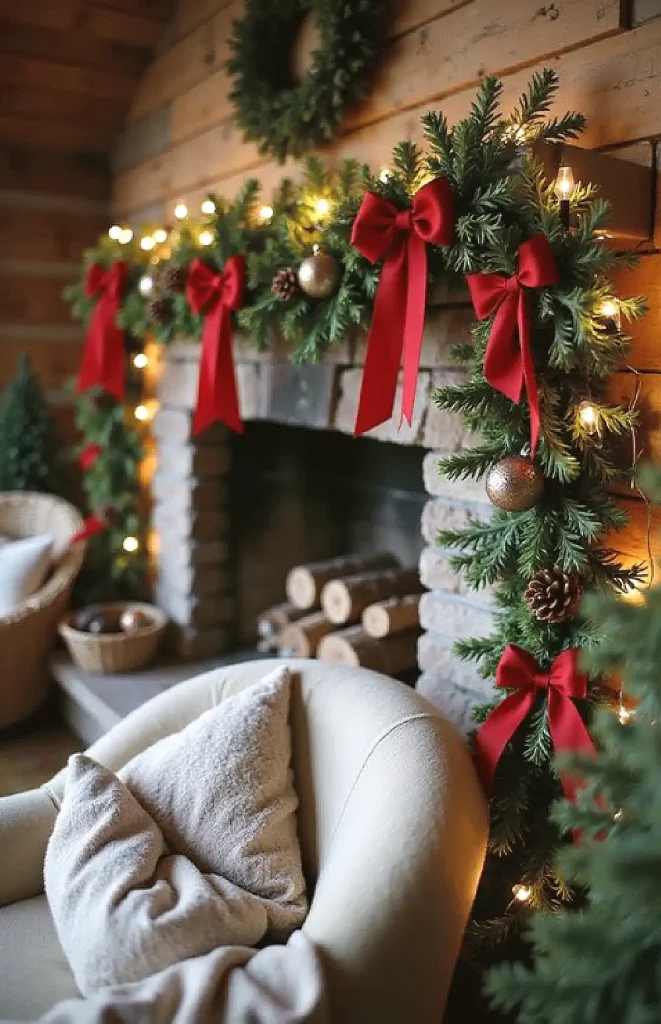 Cozy holiday fireplace with garland, red bows, and glowing lights for a festive Christmas atmosphere.