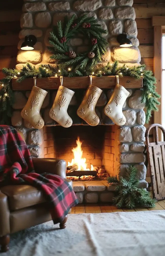 Cozy stone fireplace with stockings and wreath, lit by a warm fire, plaid blanket on leather chair.