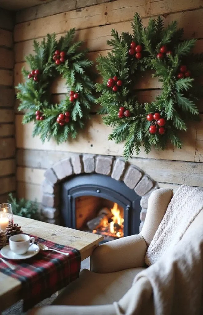 Cozy winter cabin with festive wreaths, lit fireplace, and a table with coffee and candle.