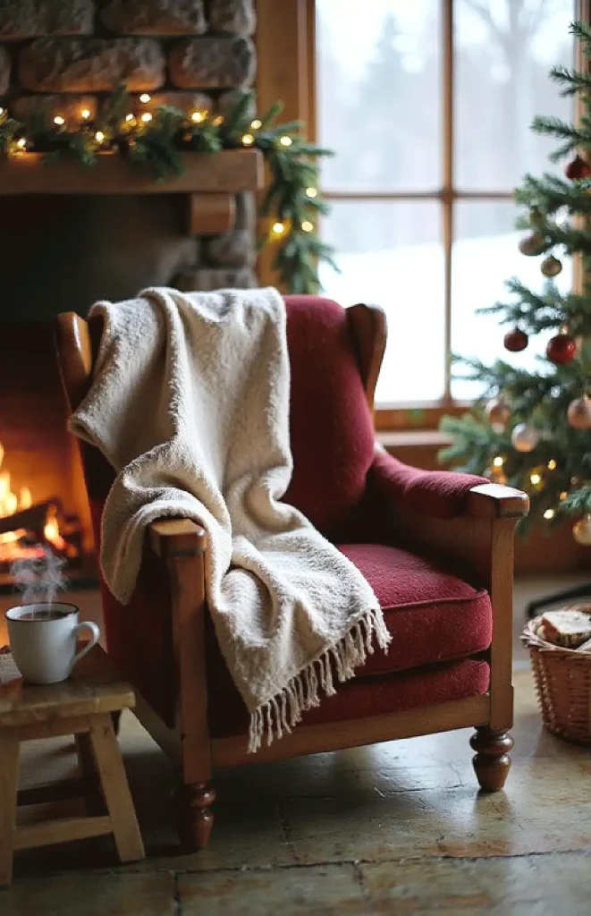 Cozy chair with blanket by a fireplace, Christmas tree, and steaming mug; warm holiday setting.