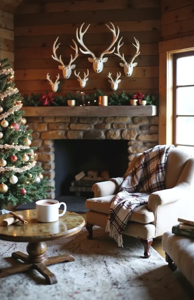 Cozy rustic living room with holiday decor, Christmas tree, and fireplace adorned with antler mounts.