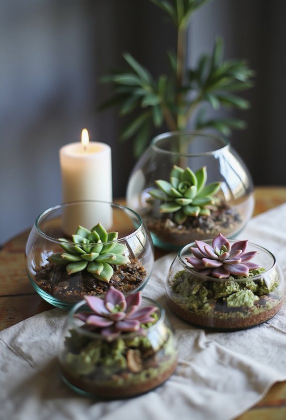 colorful succulents in terrariums