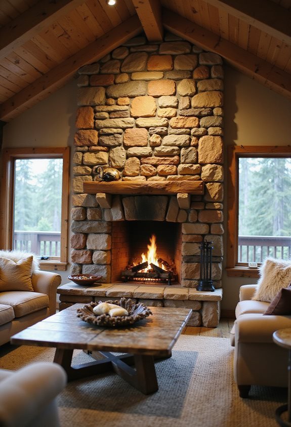 cozy natural stone fireplace