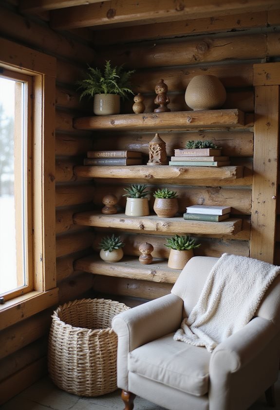 cozy rustic log shelves