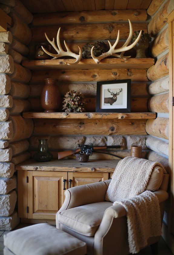 cozy rustic log shelves