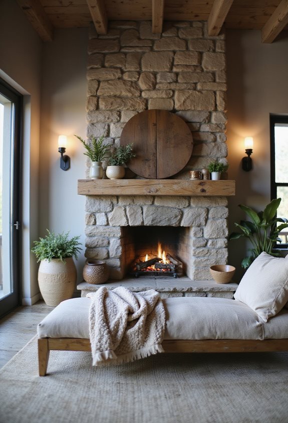 cozy rustic stone fireplace