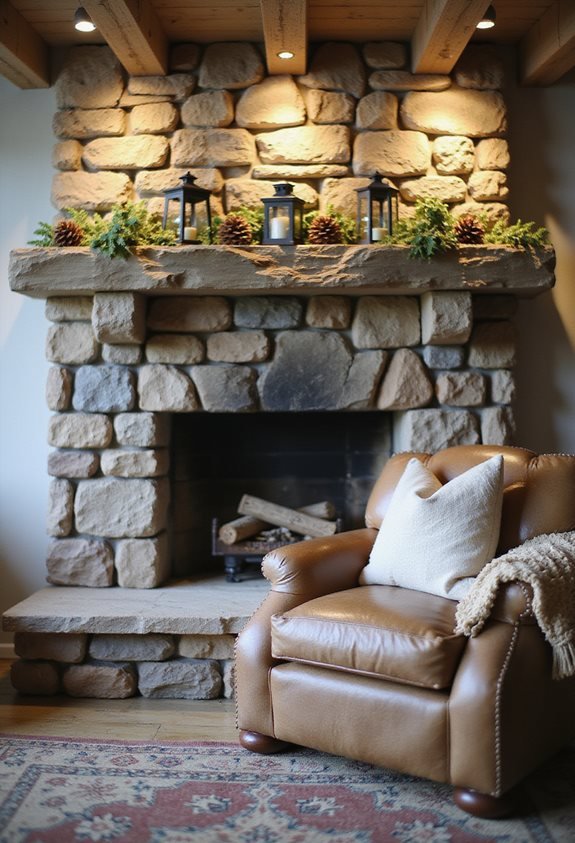 cozy rustic stone fireplace