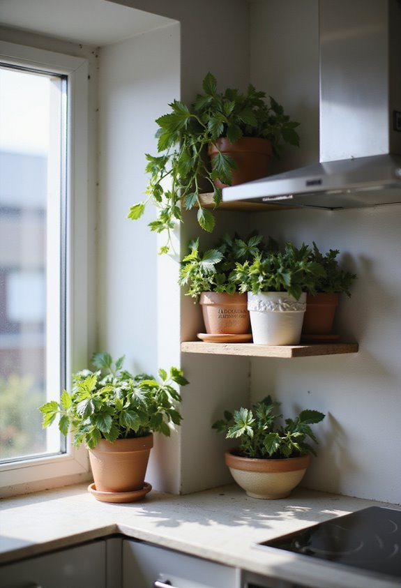 fresh herbs on shelves
