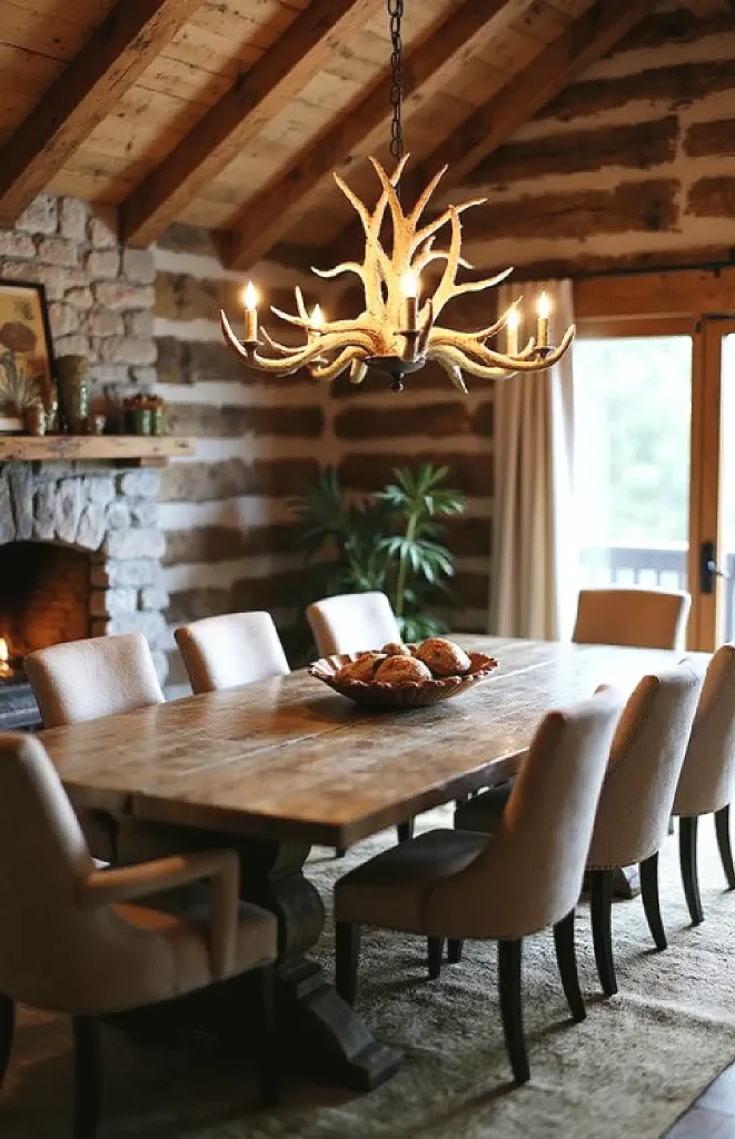 Rustic dining room with wooden table, antler chandelier, stone fireplace, and cozy chairs.
