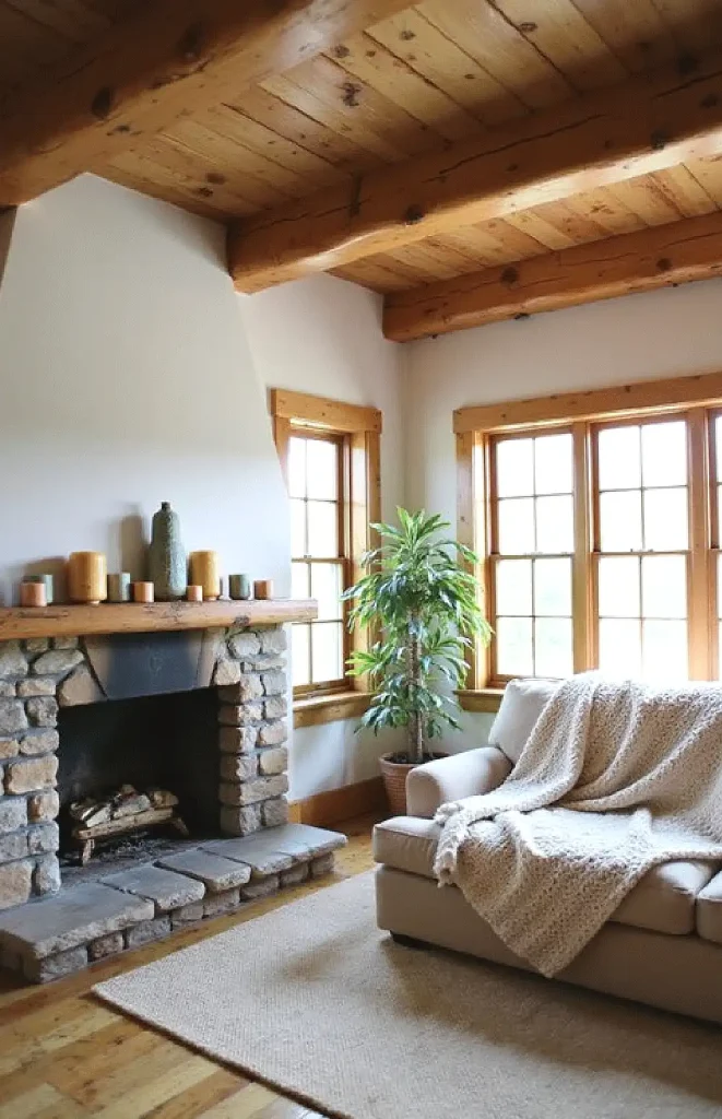 Cozy living room with stone fireplace, wooden beams, large windows, and a sofa draped with a beige blanket.