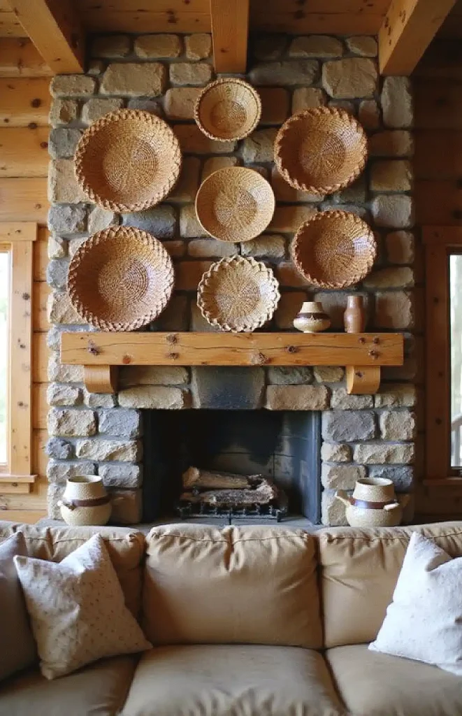 Cozy rustic fireplace with woven baskets and wooden beams, stone wall, and comfortable sofa in cabin-style decor.