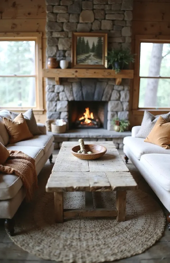 Cozy rustic living room with stone fireplace, wooden coffee table, and neutral sofas with orange accents.