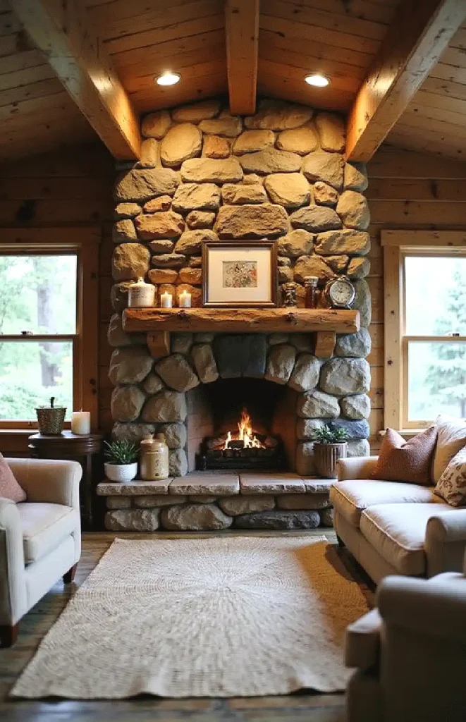 Cozy rustic living room with a stone fireplace, wooden beams, and soft couches, creating a warm and inviting atmosphere.