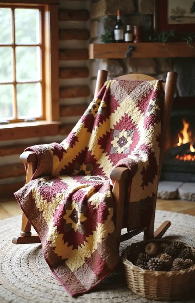 Cozy quilt draped over a wooden rocking chair by the fireplace in a rustic cabin setting.
