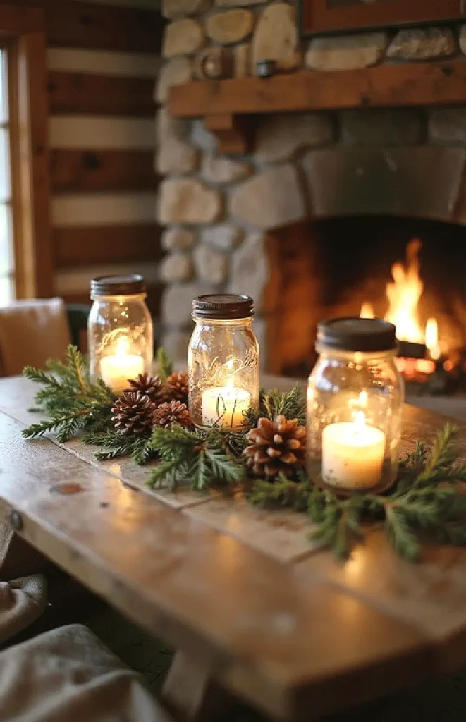 Rustic holiday decor with candles in mason jars, pinecones, and greenery on a wooden table near a cozy stone fireplace.