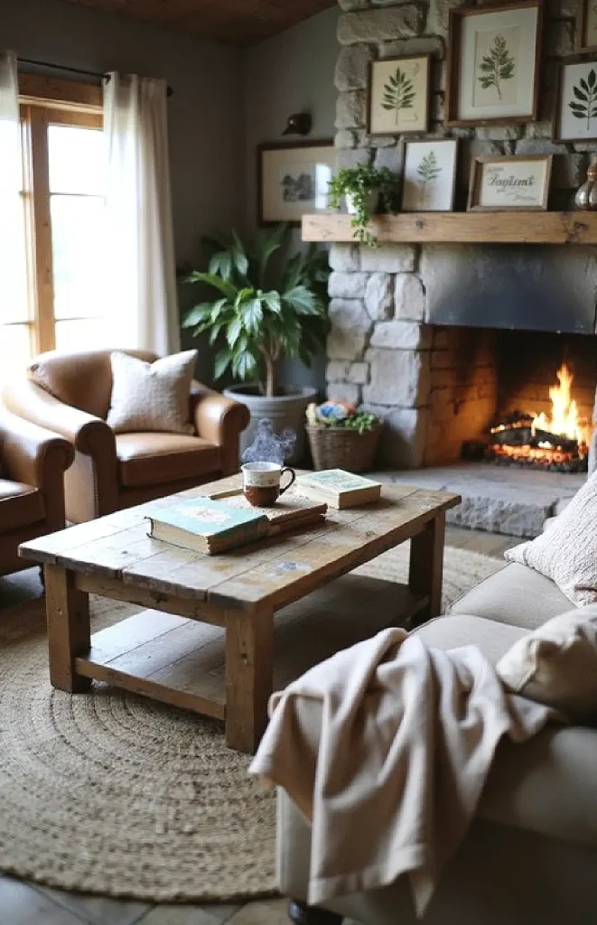 Cozy living room with a stone fireplace, armchairs, and a wooden table with books and a steaming cup.