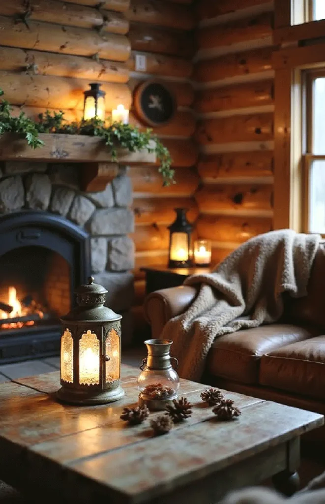 Cozy log cabin living room with a lit fireplace, rustic lanterns, and a comfy sofa draped with a blanket.