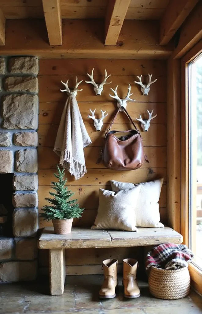 Cozy rustic entryway with wooden bench, deer antler decor, small potted tree, boots, pillow, and plaid blanket basket.