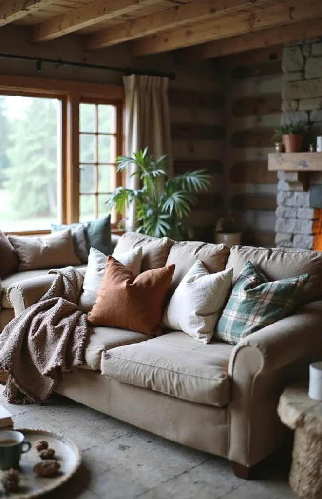 Cozy living room with beige couch, colorful cushions, and a warm blanket near a stone fireplace and large window.
