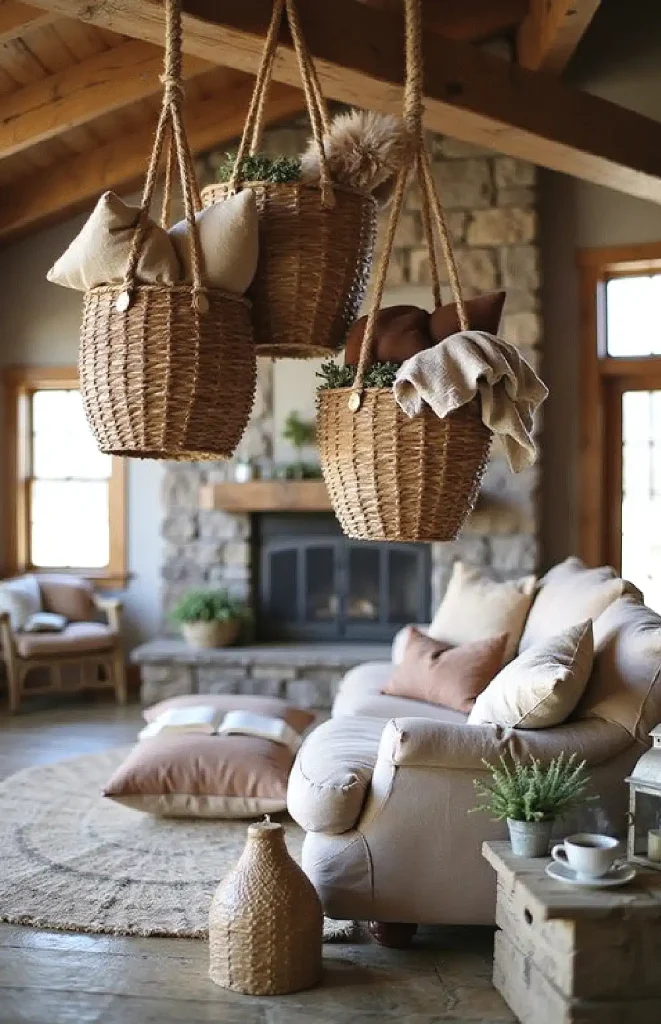 Cozy rustic living room with stone fireplace, wicker baskets, plush sofa, and earthy decor.