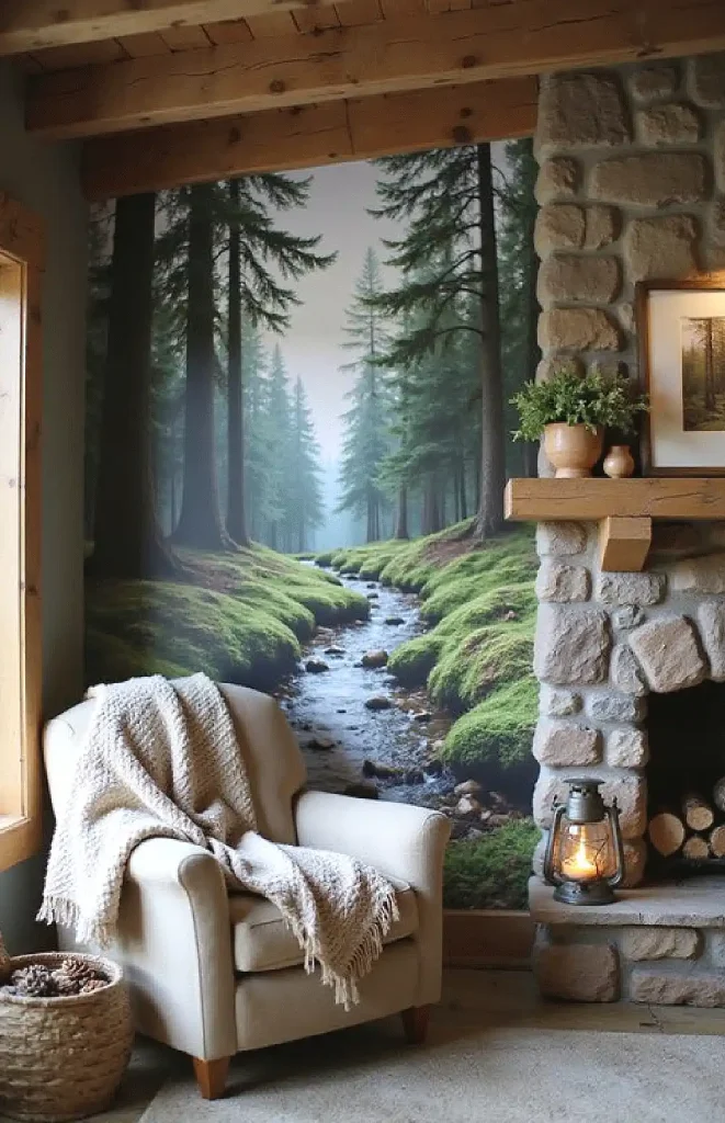 Cozy living room with forest mural, beige armchair, rustic stone fireplace, and blanket for a serene, nature-inspired ambiance.
