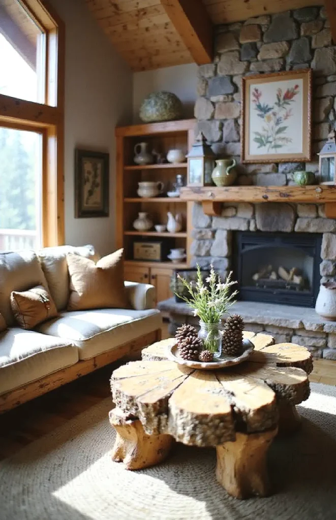 Cozy rustic living room with stone fireplace, log coffee table, and soft sunlight through large window.