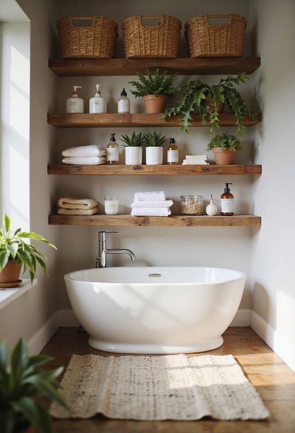 rustic shelves with baskets