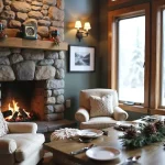 Cozy living room with stone fireplace, armchairs, and a dining table set for a warm winter gathering.