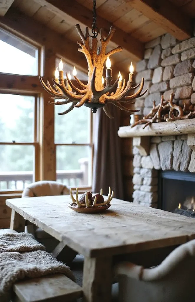 Rustic log cabin interior with antler chandelier, stone fireplace, and wooden dining table for a cozy ambiance.