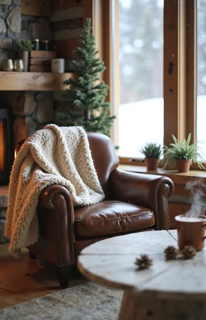 Cozy cabin interior with a leather armchair, soft blanket, and warm fire, perfect for a winter retreat.