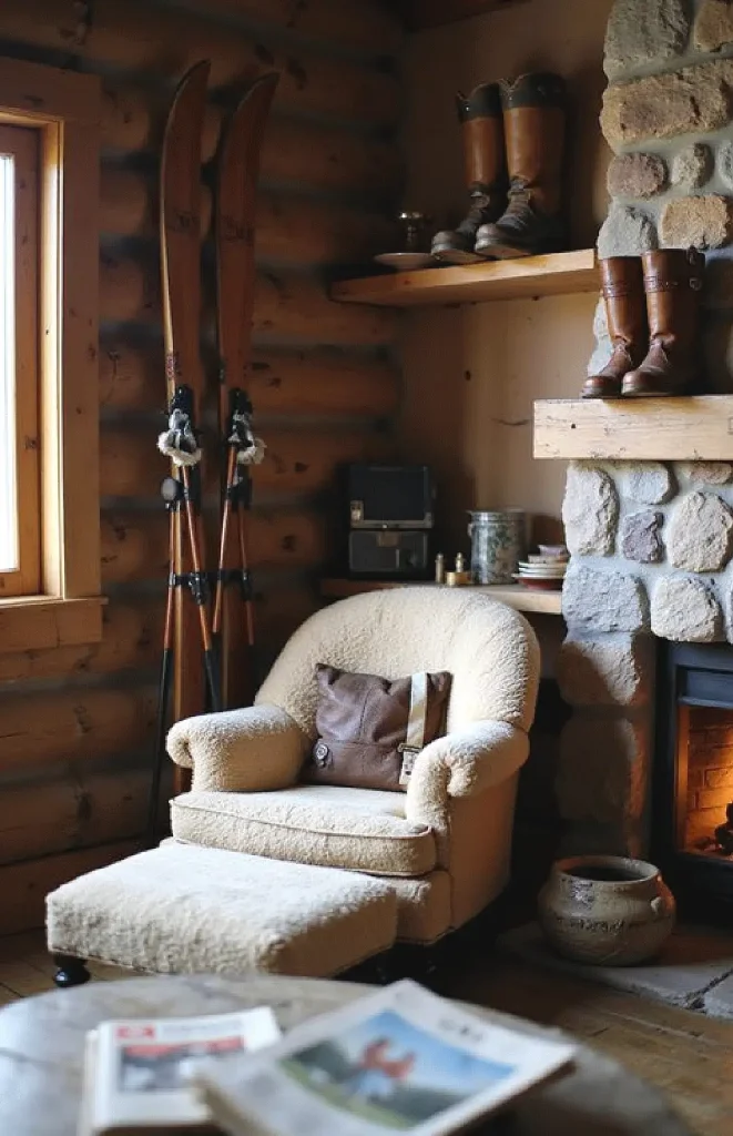 Cozy log cabin interior with armchair, vintage skis, and stone fireplace, creating a rustic and inviting atmosphere.