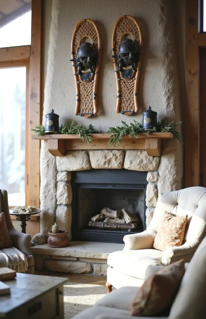Cozy rustic living room with stone fireplace, decorated mantel, snowshoes, and comfortable seating.