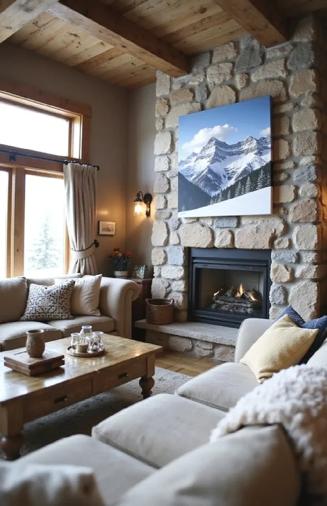 Cozy living room with stone fireplace, mountain artwork, beige sofas, and wooden coffee table in a rustic setting.