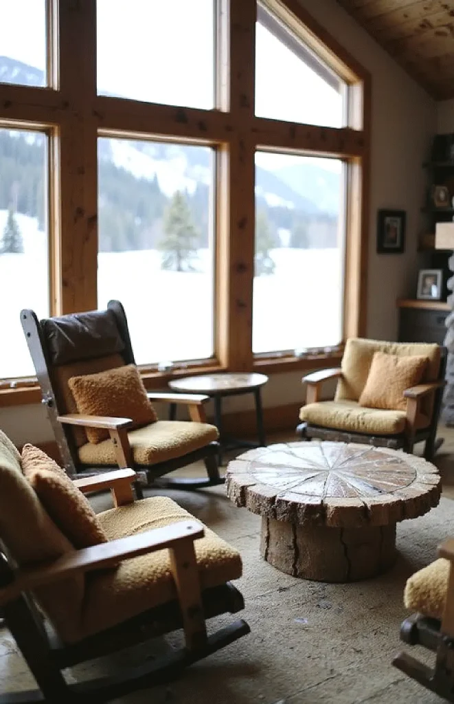 Cozy rustic living room with wooden chairs and log table, overlooking snowy landscape through large windows.
