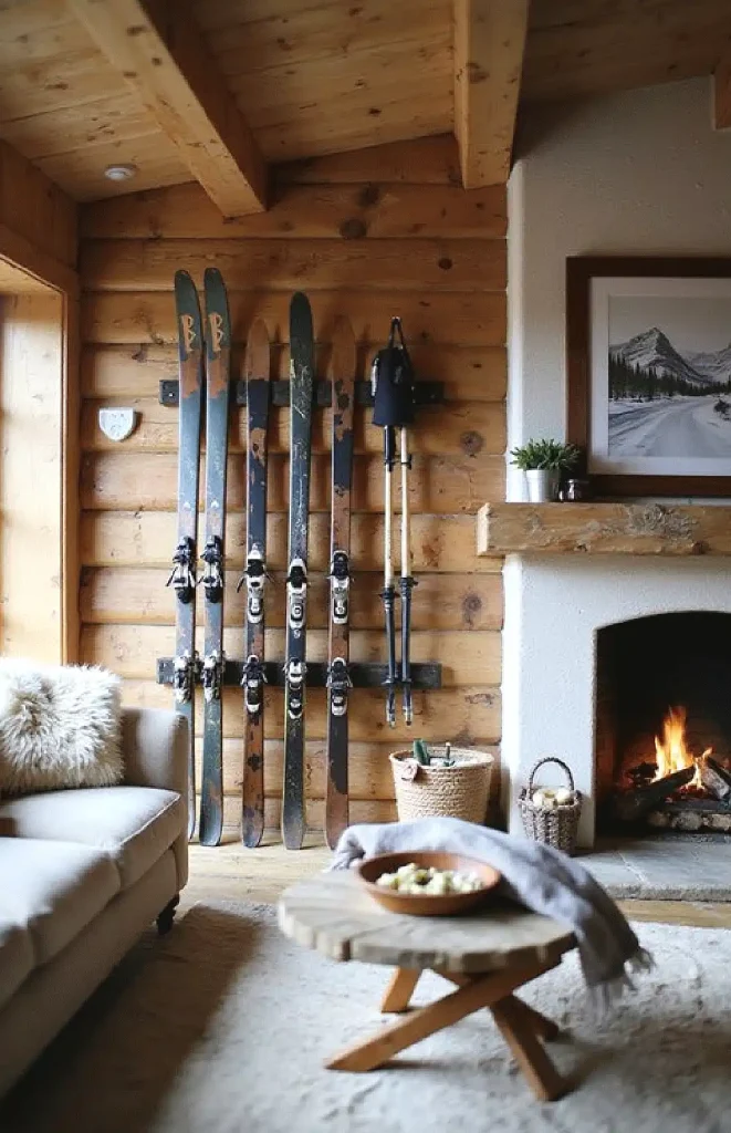 Cozy ski lodge interior with fireplace, ski gear on wall, and rustic wooden decor.