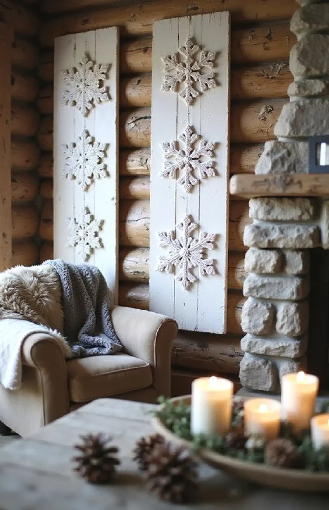 Cozy rustic living room with snowflake wall art, armchair, candles, and pinecones. Warm and inviting winter decor.