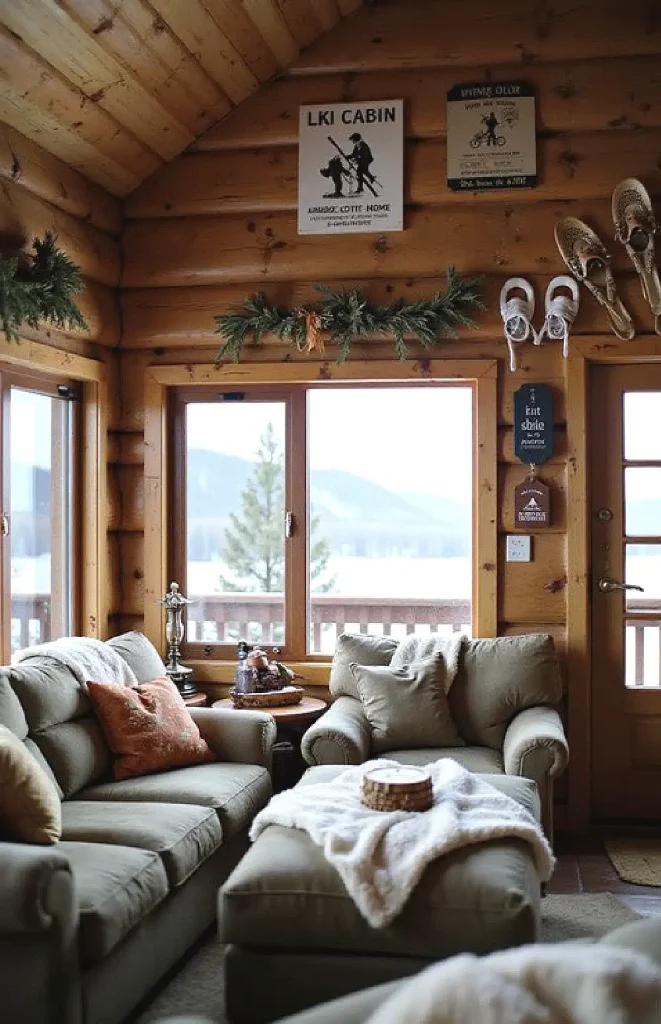 Ski cabin decor ideas, Cozy log cabin with plush sofas, rustic decor, and a snowy mountain view through large windows.