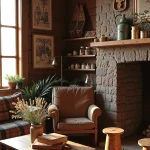 Cozy rustic living room with a stone fireplace, wooden furniture, and lush plants in natural light.