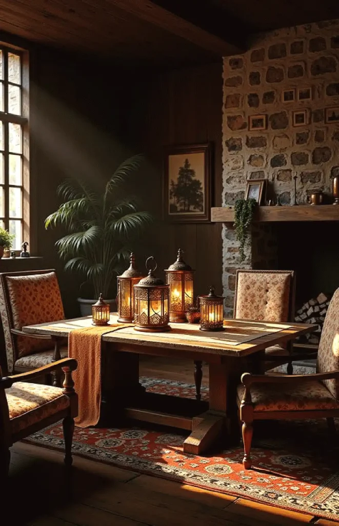 Cozy rustic dining room with lanterns, wooden table, armchairs, stone fireplace, and lush plant in warm light.