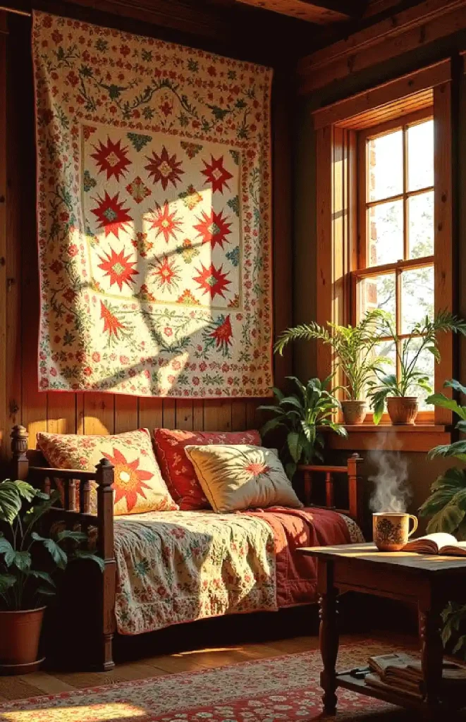 Cozy sunlit room with floral quilt, plants, wooden bench, and steaming mug creating a warm, inviting atmosphere.