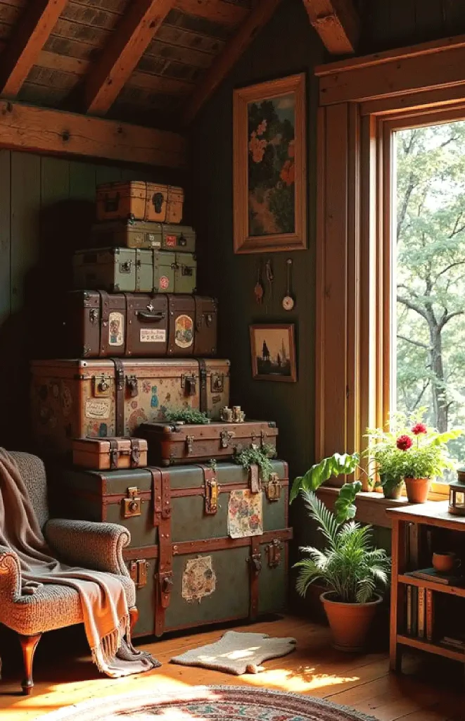 Cozy attic space with stacked vintage suitcases, a chair, plants, and a large window showing greenery outside.