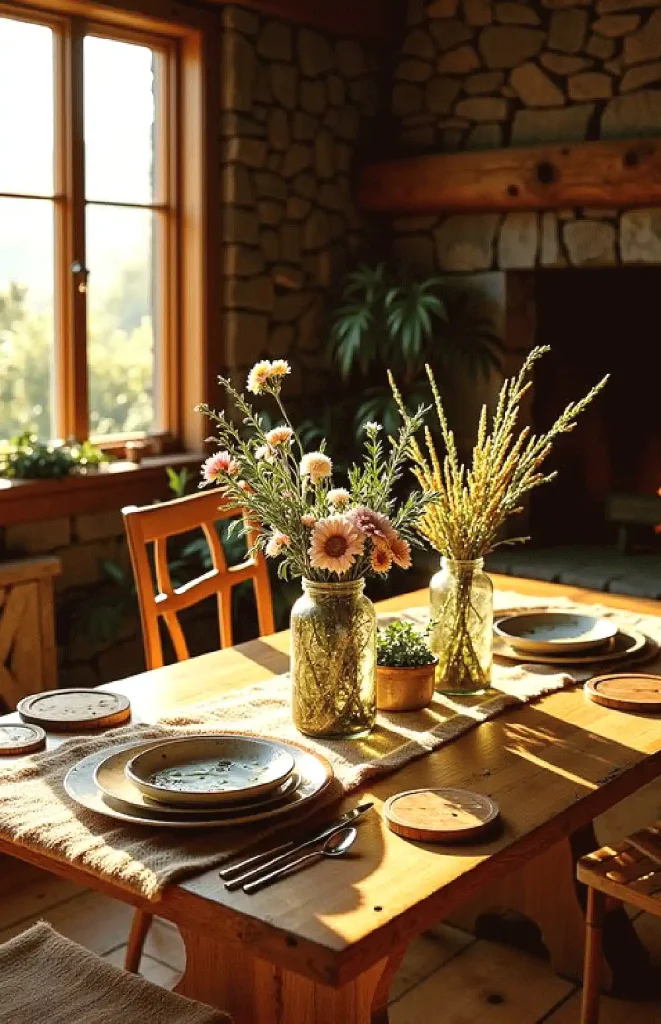 Rustic dining room with wooden table, floral centerpieces, and sunlight streaming through a large window.