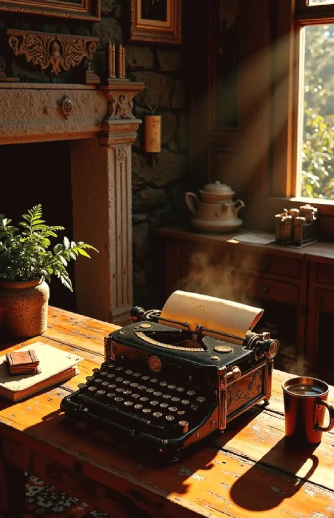 Vintage typewriter on wooden desk with sunlight, plants, and a steaming coffee cup in a cozy room.