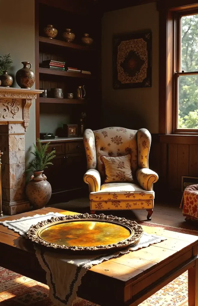 Cozy vintage living room with floral armchair, wooden coffee table, and soft natural light.