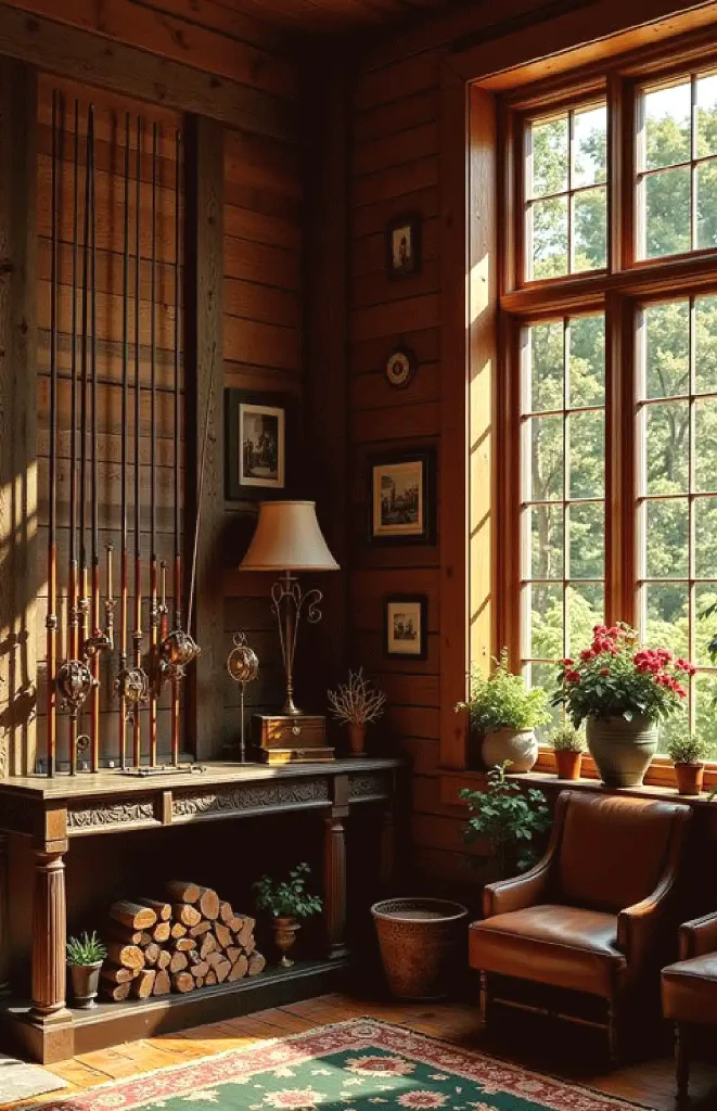 Cozy rustic room with wooden walls, leather chair, fishing rods, lamps, and plants by a sunny window.