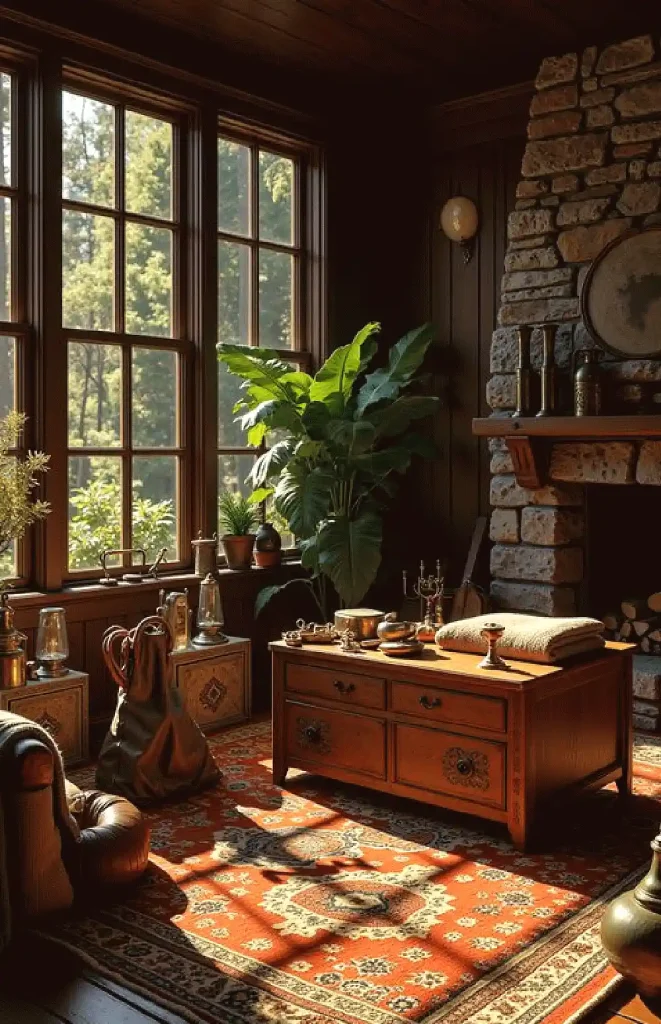 Cozy rustic living room with wooden furniture, large windows, stone fireplace, and leafy plants basking in sunlight.